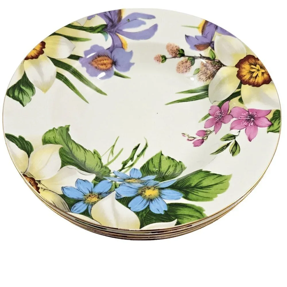Emeiald White Floral Print Large Rimmed Ceramic Soup Salad Bowls – Set of 4